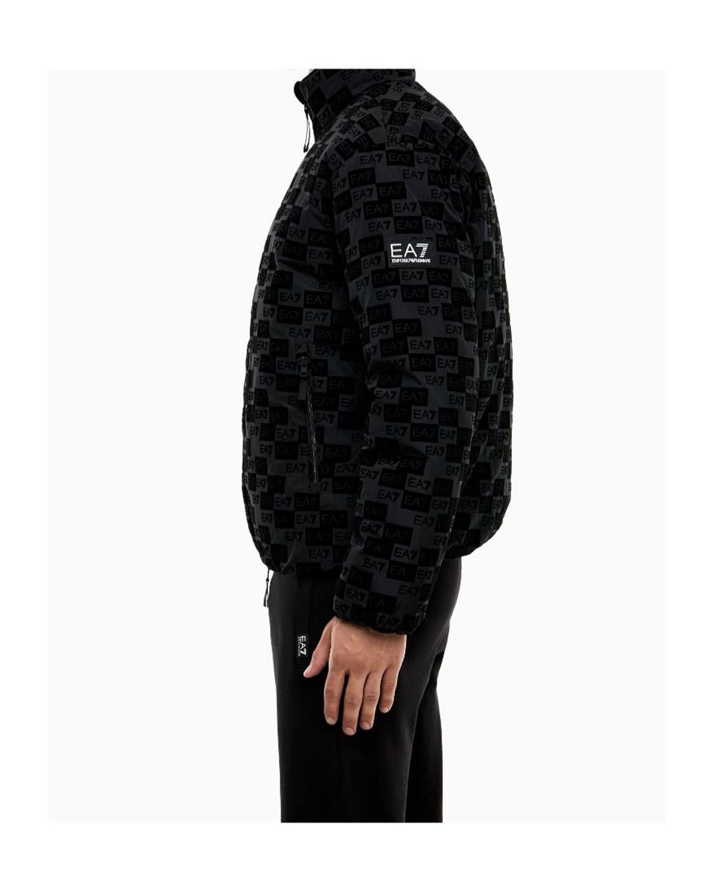EA7 Black Oversized Hooded Bomber Jacket With Velvet Monogram for men