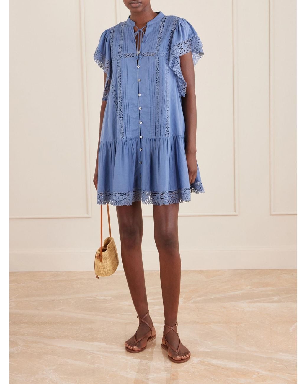 Sea Blue Tiered Lace-Trimmed Cotton Mini Dress