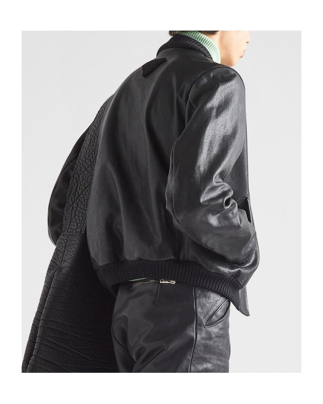 Prada Black Long-Sleeved Zipped Leather Bomber Jacket for men