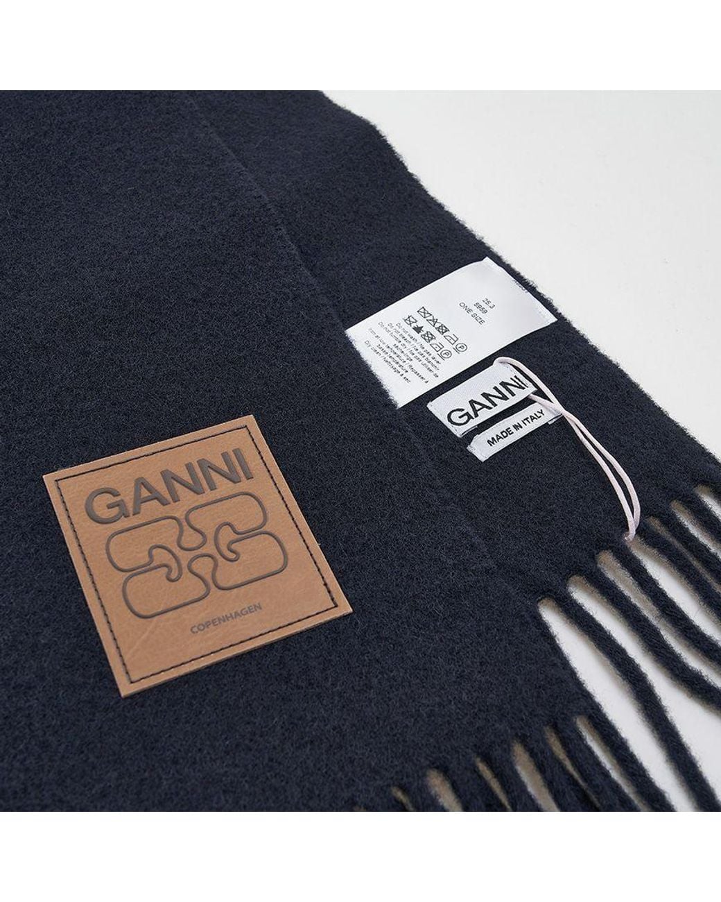 Ganni Blue Logo Patch Fringed Scarf