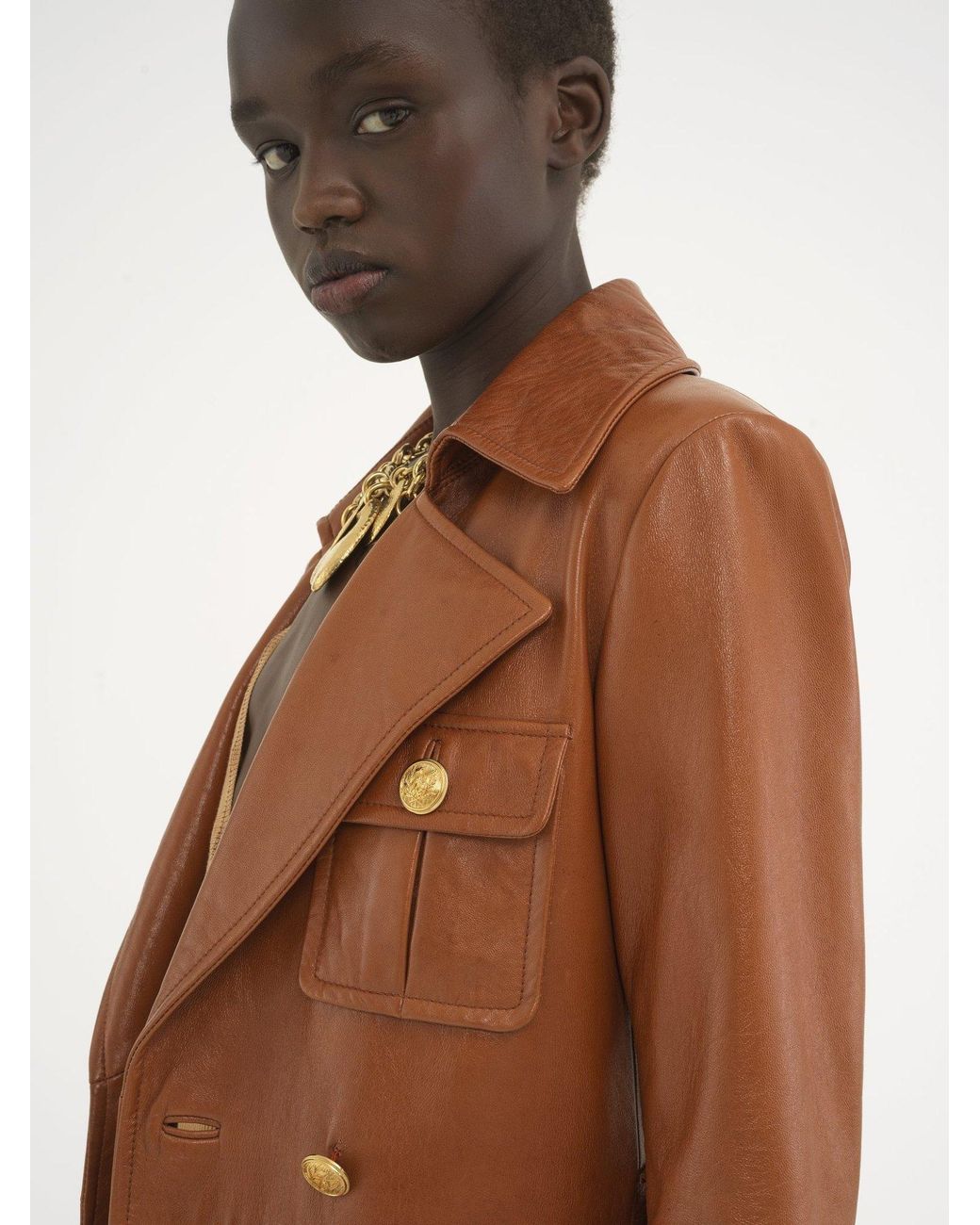 Chloé Brown Leather Military Trench Coat