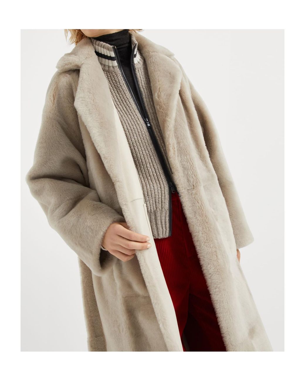 Brunello Cucinelli Natural Shiny Detailed Reversible Shearling Coat
