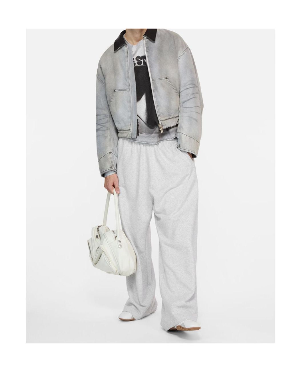 Acne Gray Zip Leather-Collar Denim Jacket for men