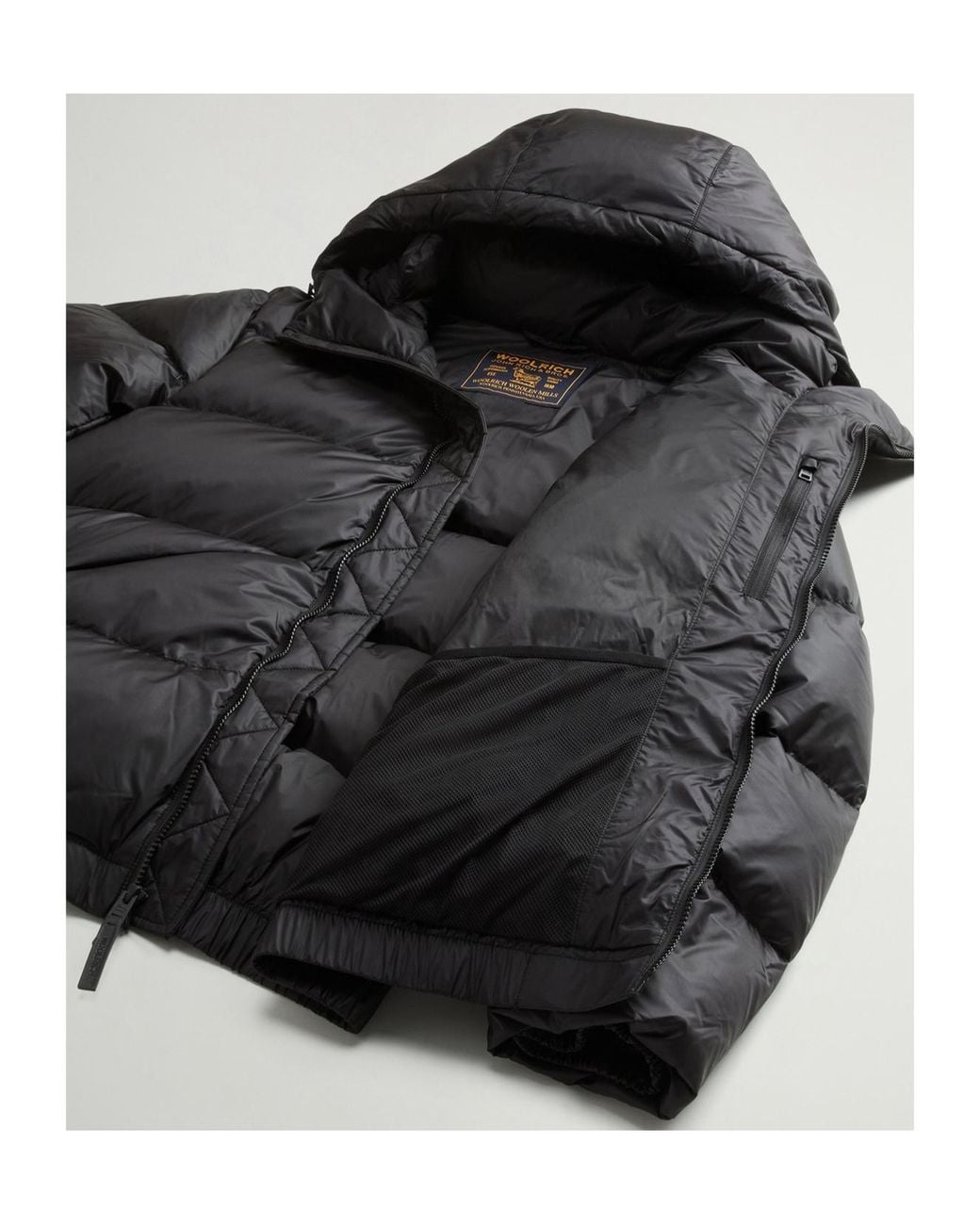 Woolrich Black Striped Quilted Hooded Jacket With Drawstring & Concealed Two-Way Zip for men