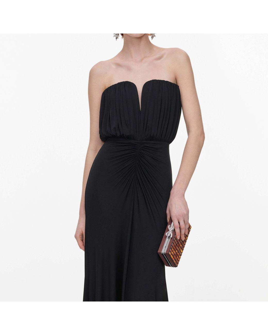 Self-Portrait Black Ruched V-Neck Gown Dress