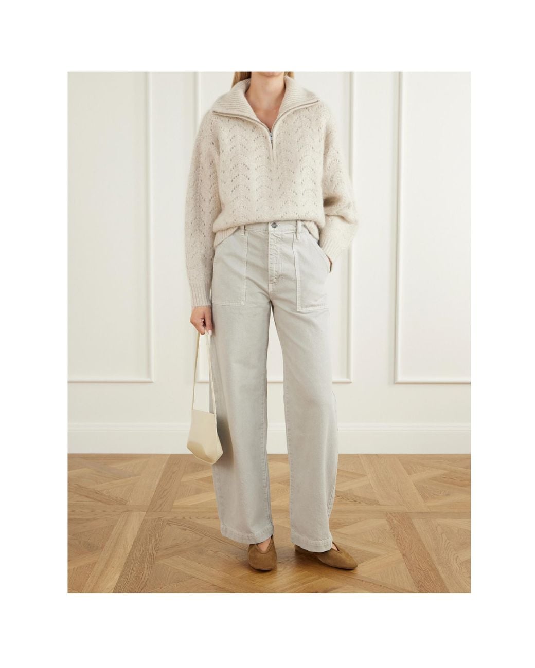 FRAME White Ribbed-Knit Zip-Up Sweater