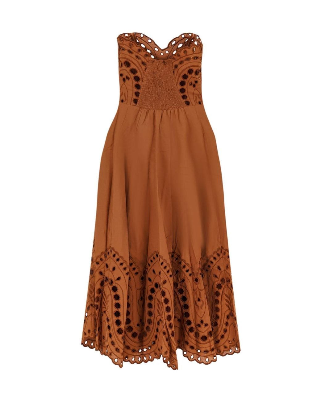 Charo Ruiz Brown Marlin Broderie Anglaise Strapless Midi Dress