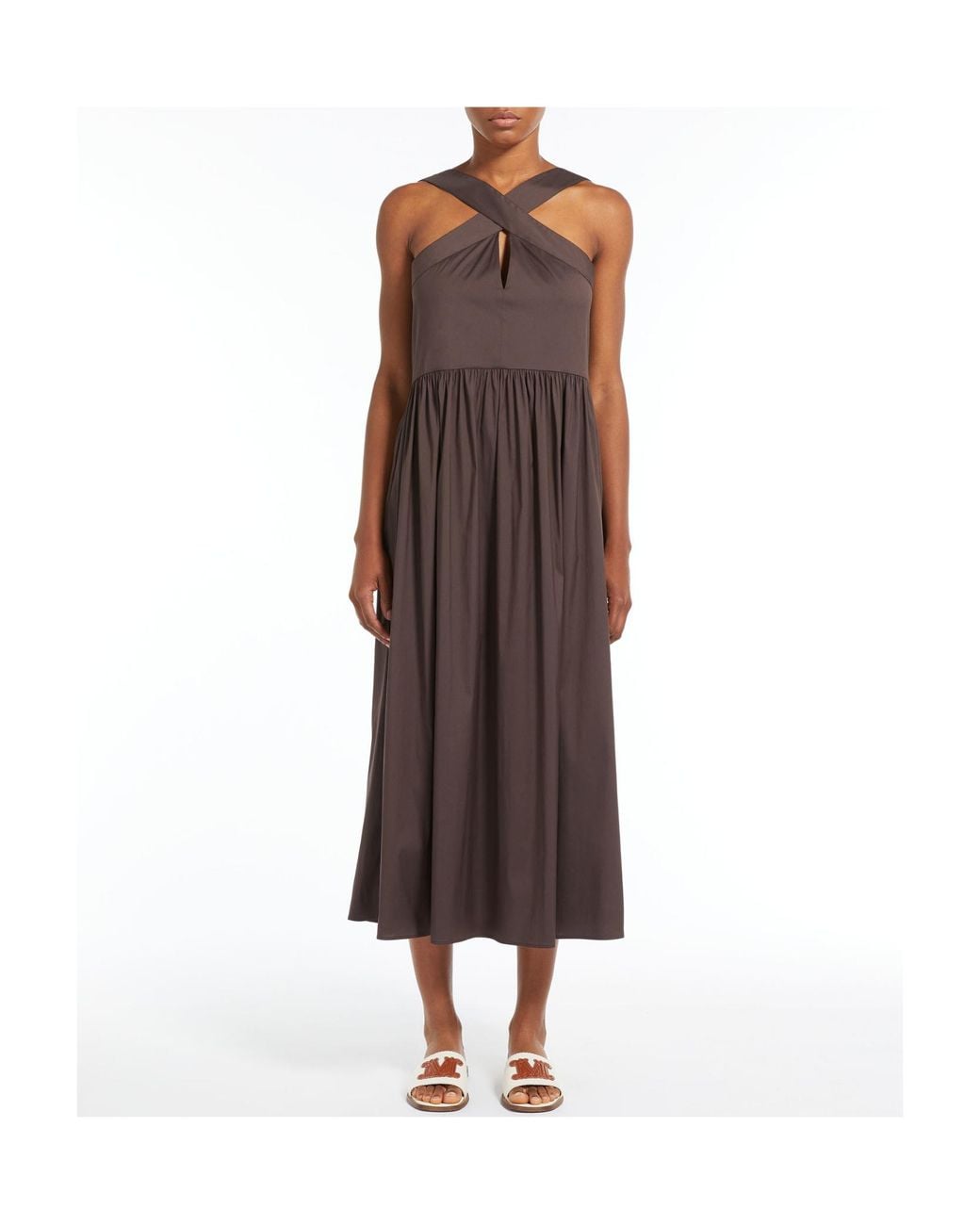 Max Mara Brown V-Neck Poplin Midi Dress