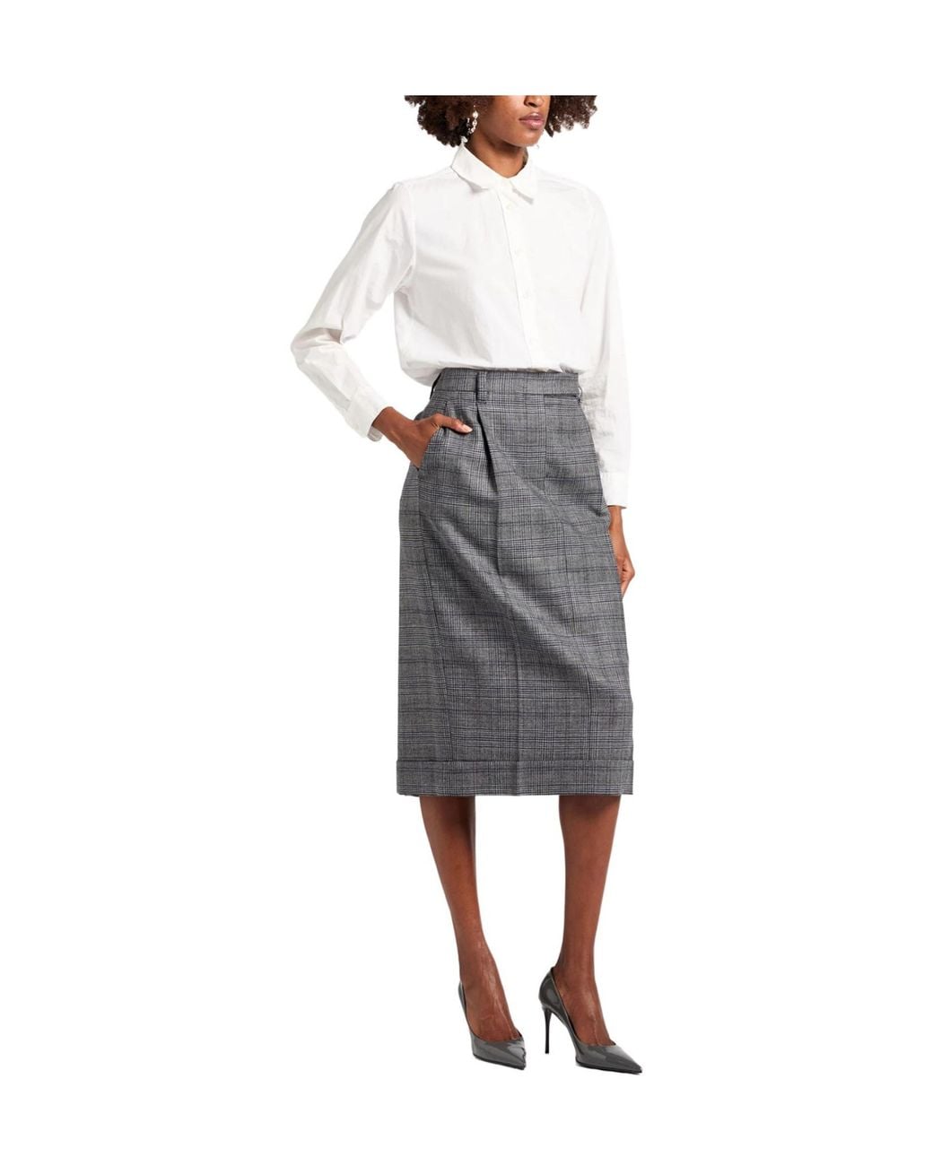 Brunello Cucinelli Gray Plaid Flared Skirt