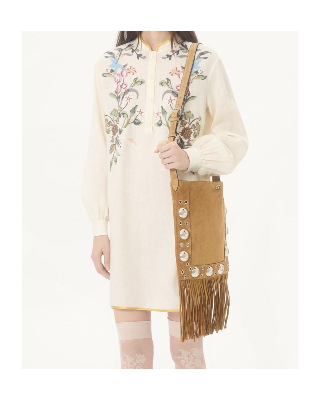 Valentino Natural Floral Patterned Long-Sleeved Mini Dress