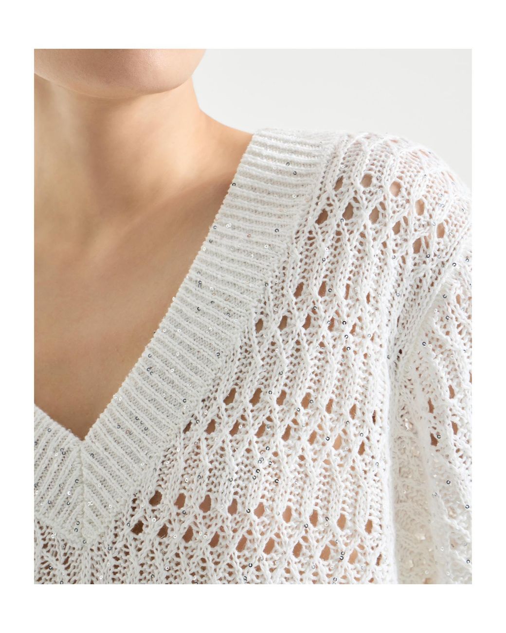 Brunello Cucinelli White Openwork V-Neck Knitted Sweater
