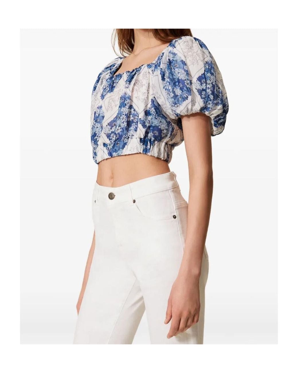 Twinset Blue Floral Puff-Sleeve Cropped Top