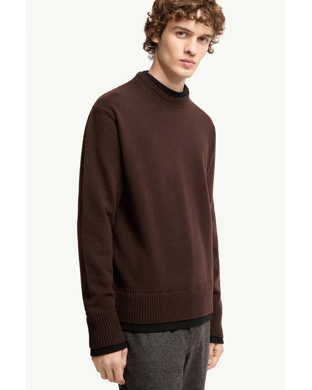 Moncler Brown Leather Logo Wool Cashmere Blend Sweater for men