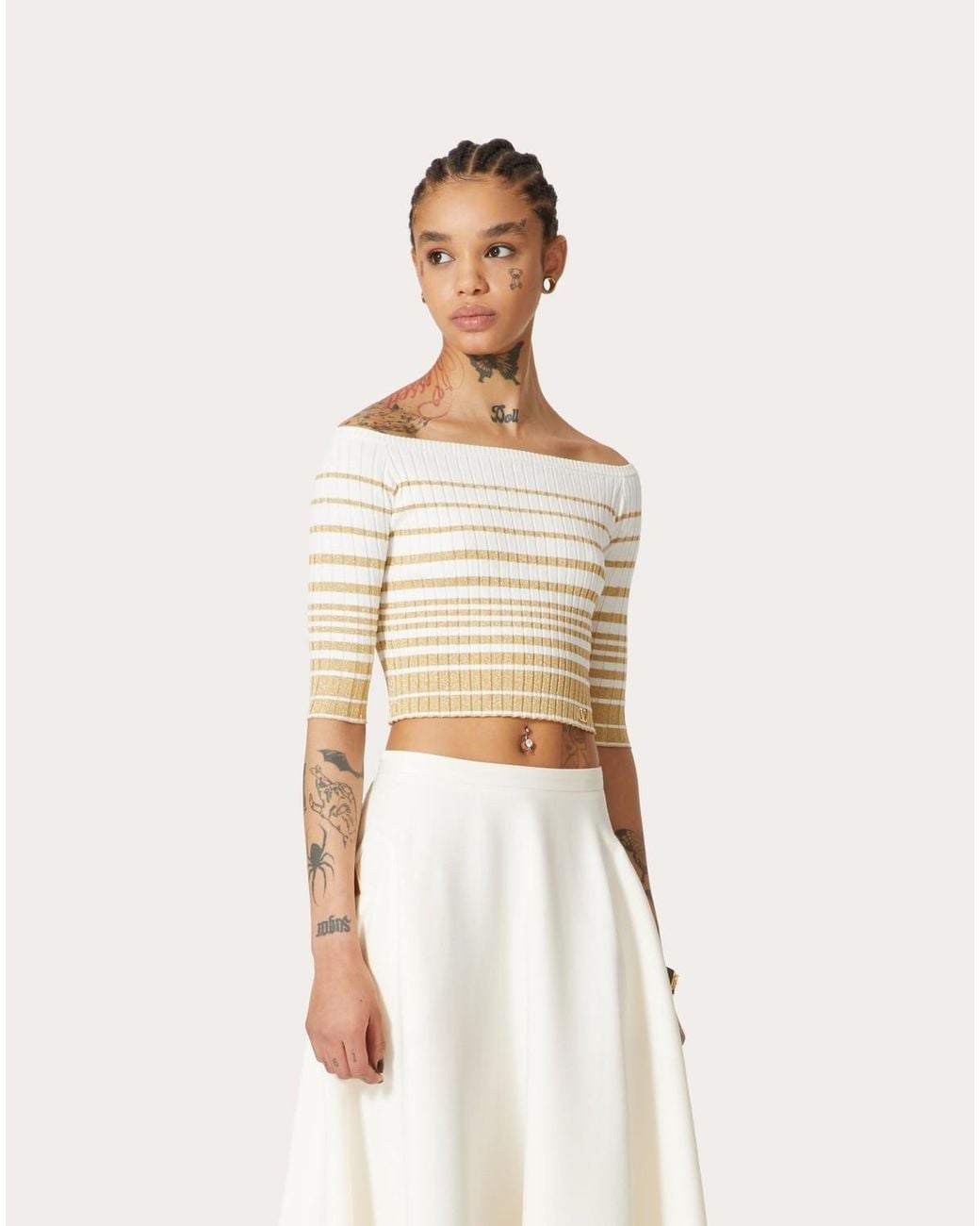 Valentino White Striped Off-Shoulder Cropped Top