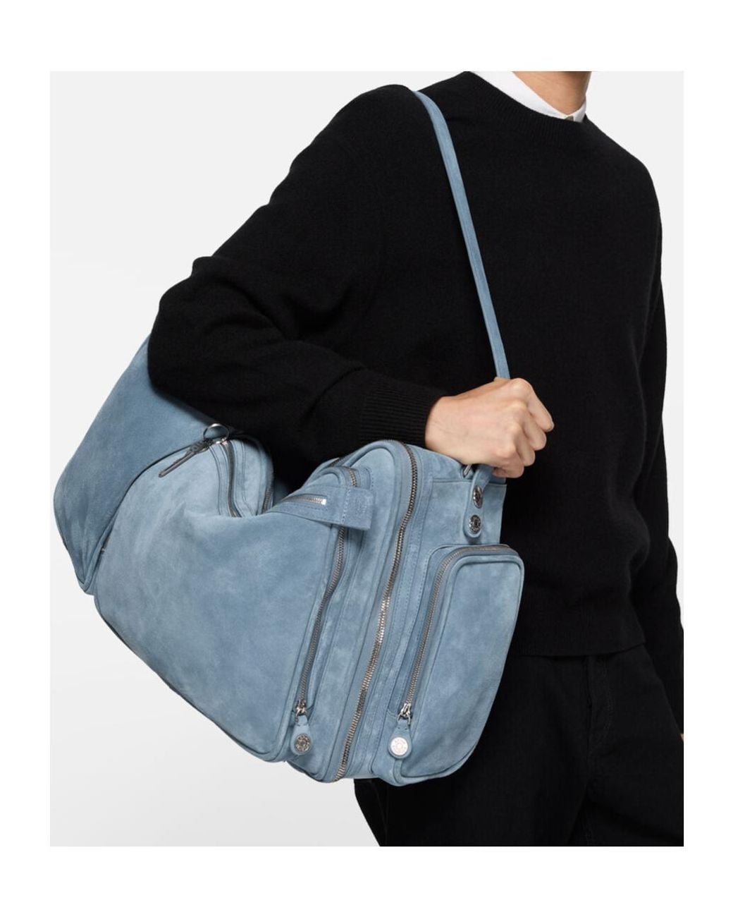 Acne Blue Camero Hotel Suede Multi-Pocket Shoulder Bag