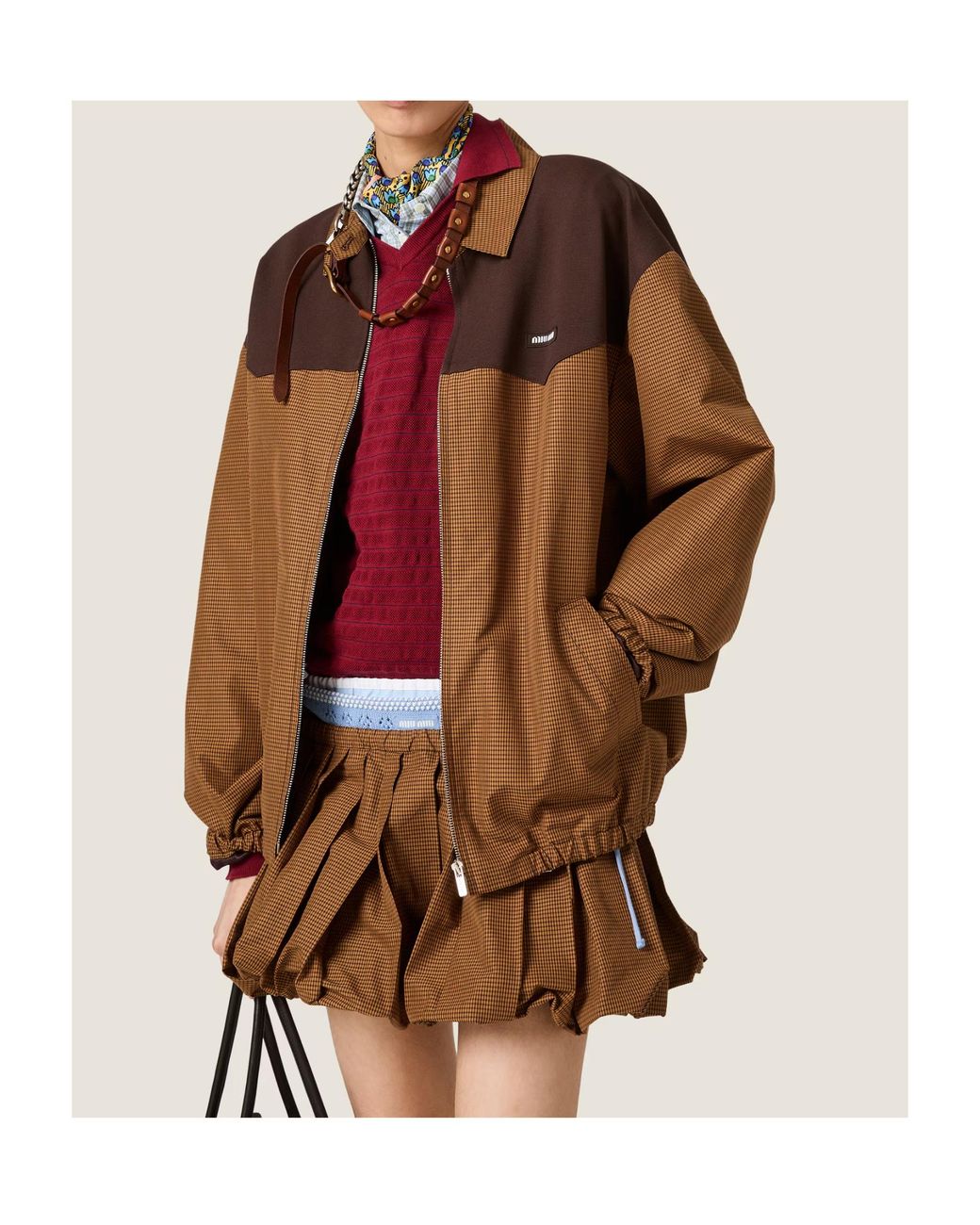 Miu Miu Brown Cotton Gingham Print Blouson Jacket