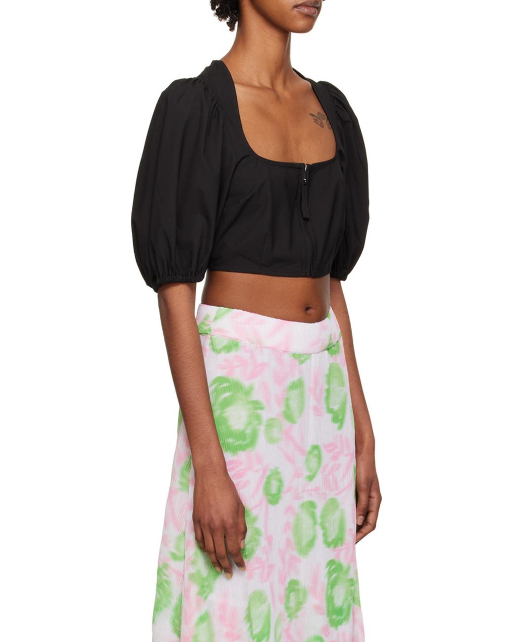 Ganni Black Puff Sleeved Cropped Top