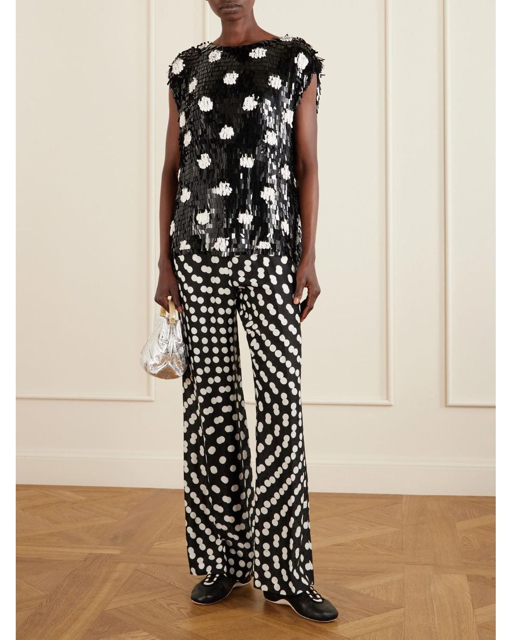Dries Van Noten Black Embroidered Polka-Dot Silk Top
