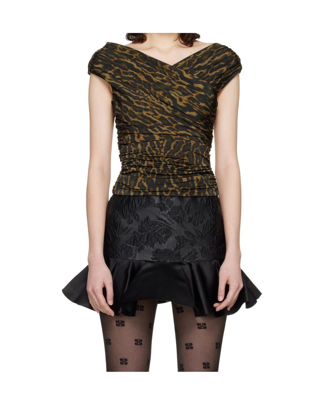 Ganni Green Printed Shiny Pleated Top