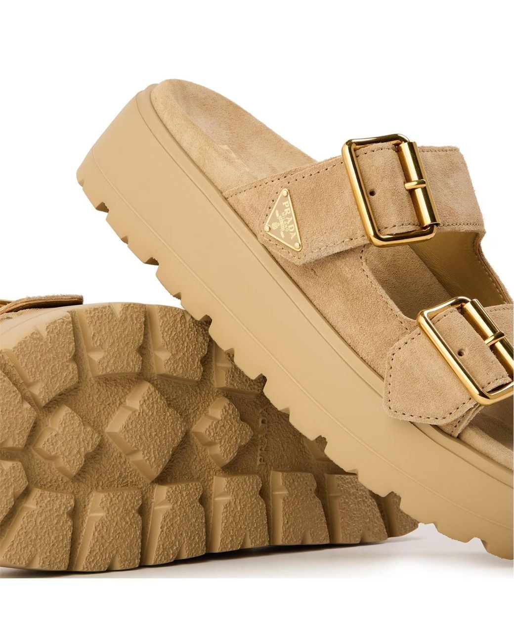 Prada Natural Buckle Logo Slippers