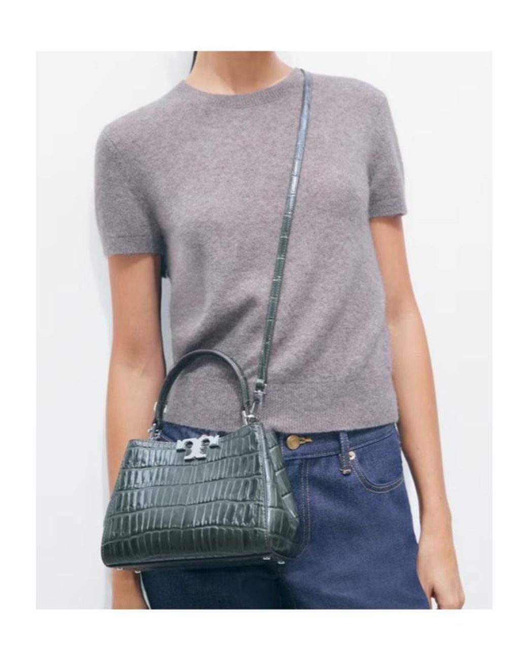 Tory Burch Black Mini Eleanor Croc-Embossed Satchel
