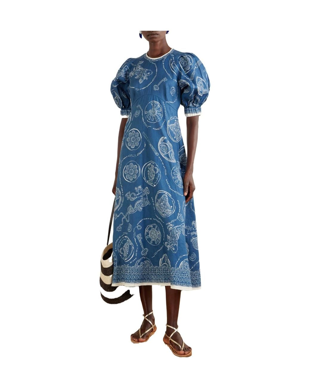 ALÉMAIS Blue Printed Linen Midi Dress