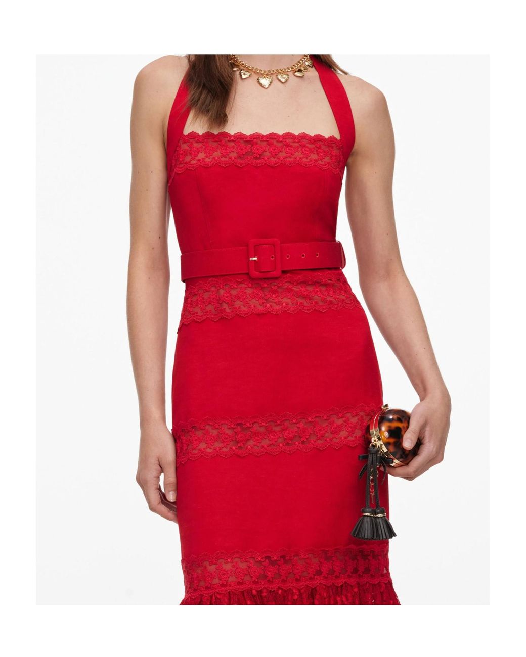 Self-Portrait Red Lace-Panelled Belted Midi Dress