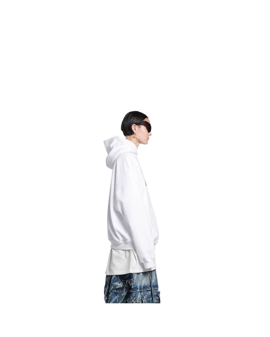 Balenciaga White Logo Print Ribbed Hem Hoodie