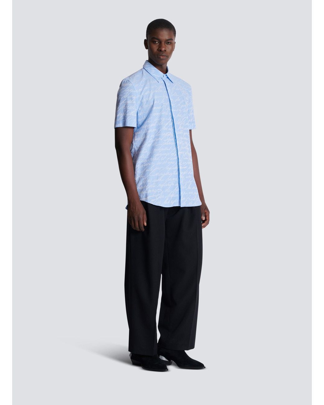 Balmain Blue Love Letter Printed Short-Sleeved Jacquard Shirt for men