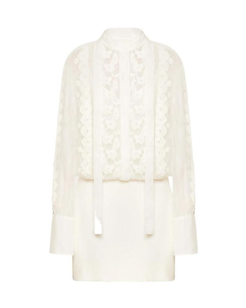 Valentino White Floral-Embroidered Long-Sleeve Dress