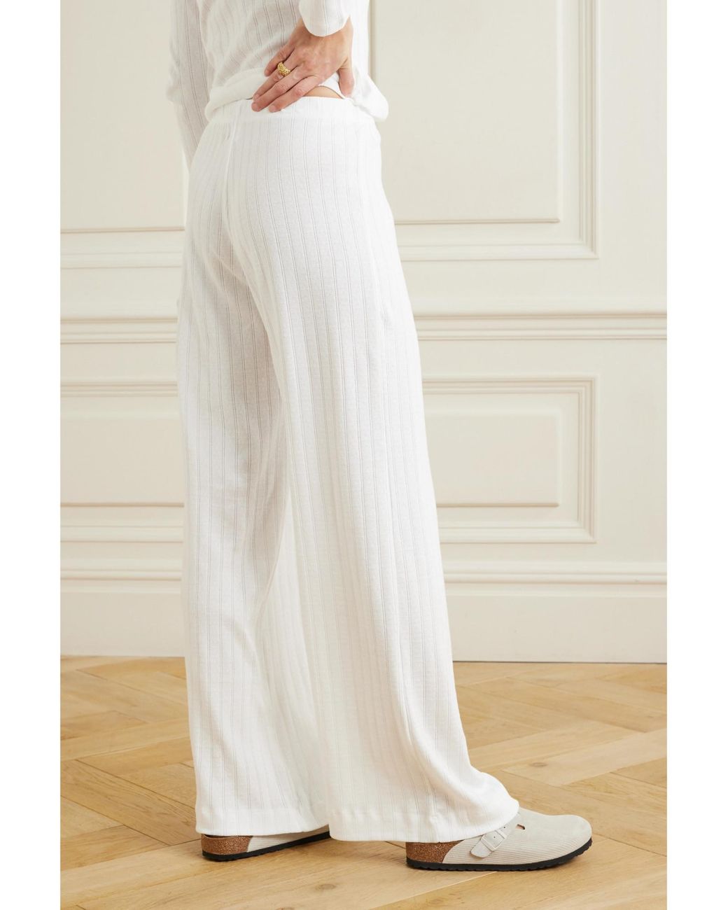 Leset White Boxer Pointelle-Knit Cotton Pants