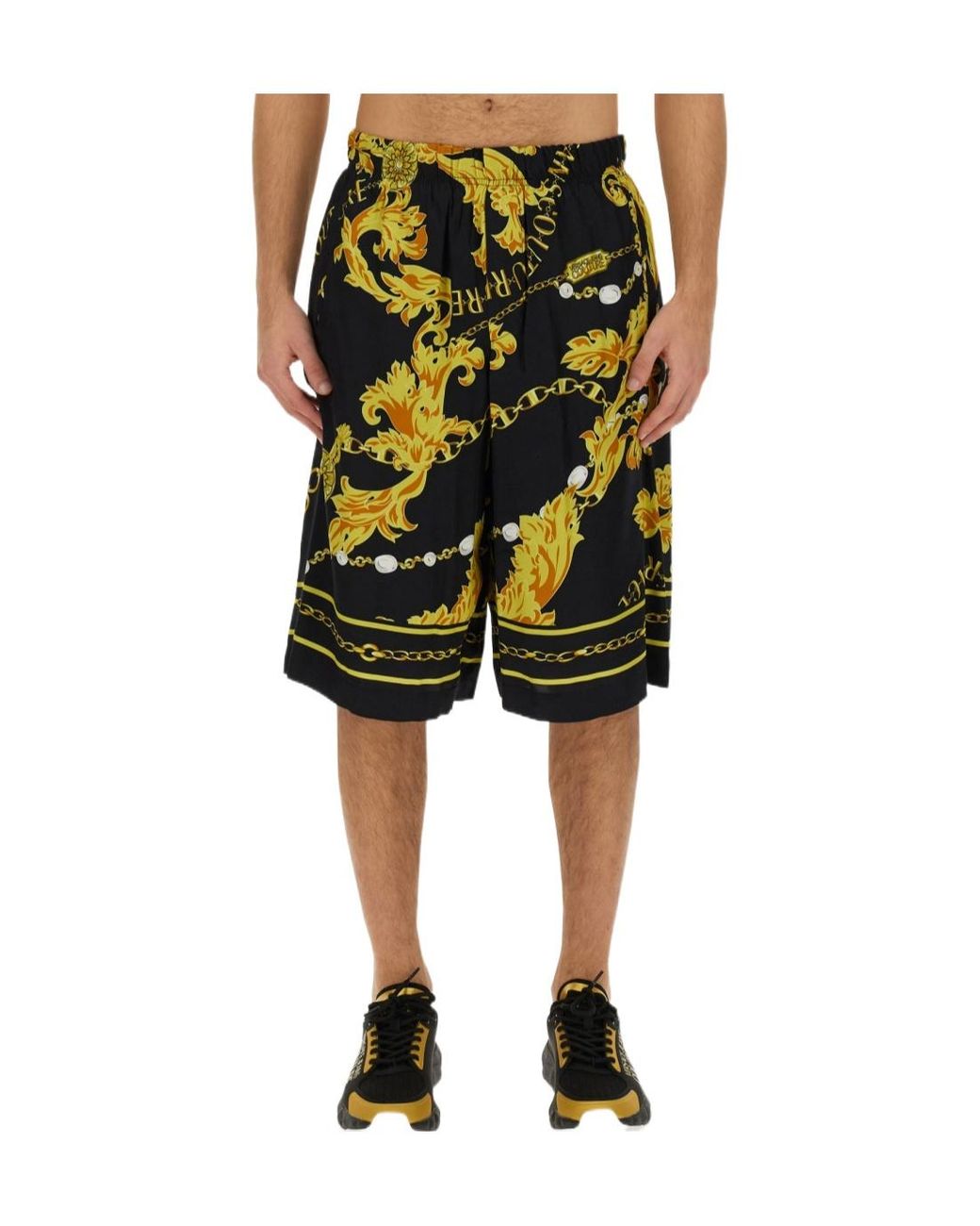 Versace Jeans Black Couture Barocco-Printed Knee-Length Track Shorts for men