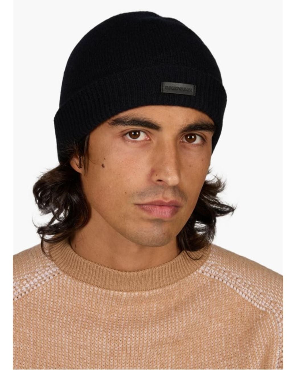 Emporio Armani Blue Logo Patch Beanie Hat for men