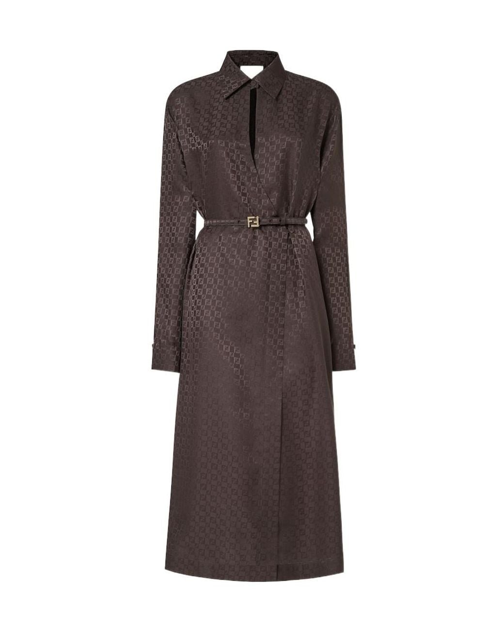 Fendi Brown Ff Jacquard Belted Midi Shirt Dress