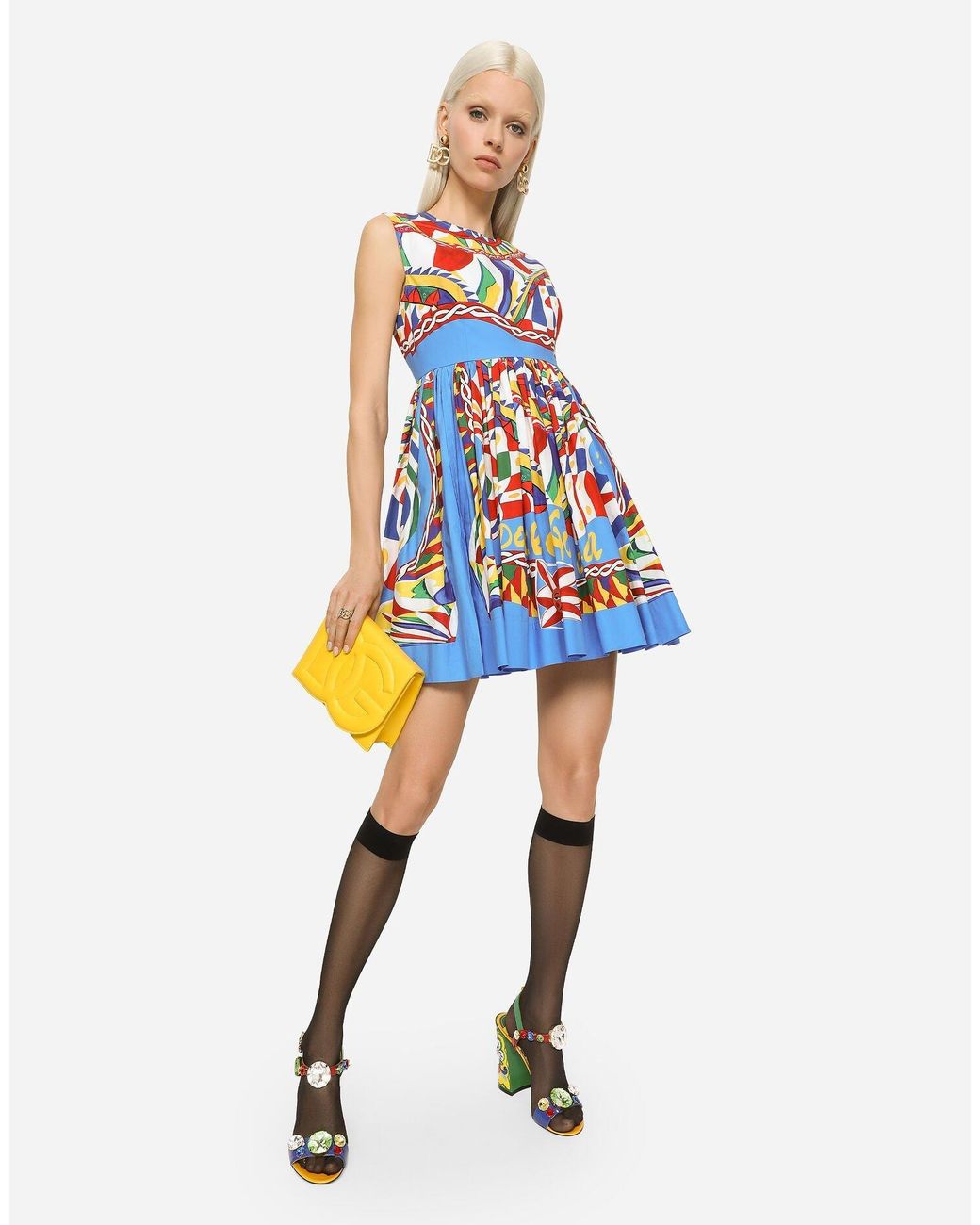 Dolce & Gabbana White Carretto Printed Sleeveless Mini Dress