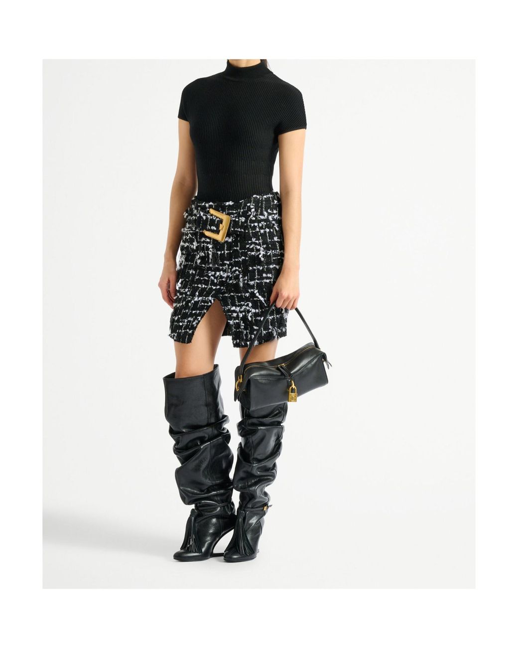 Balmain Black Belted Fringed Tweed Skirt