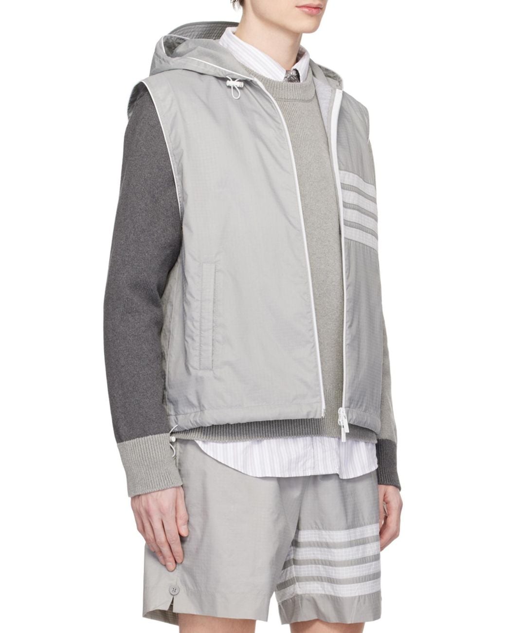 Thom Browne White Bar Stripe Ripstop Hooded Gilet for men
