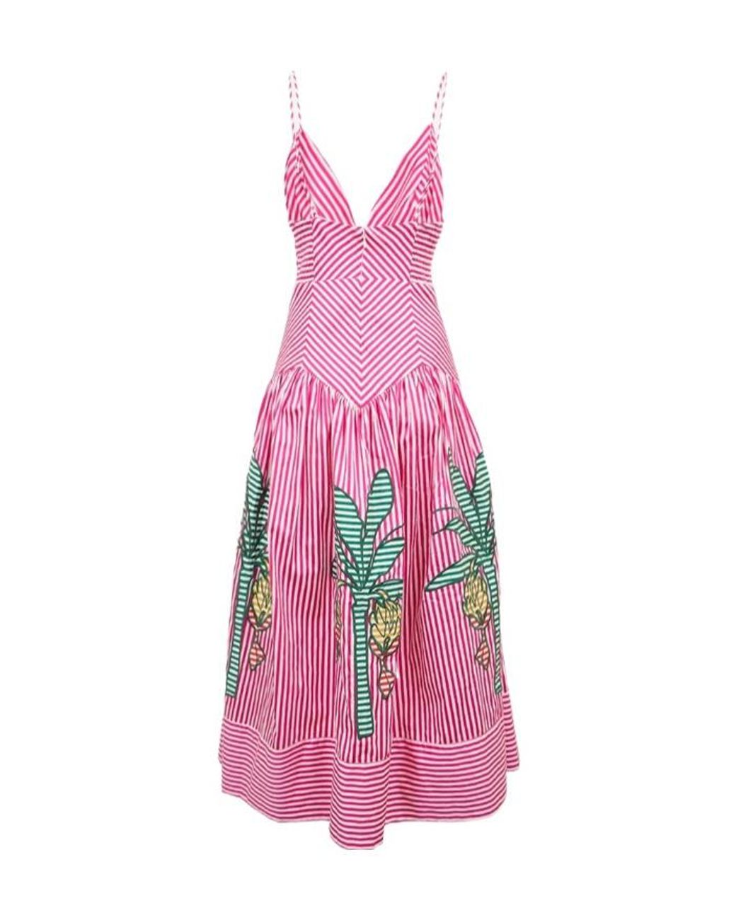 Farm Rio Pink Palm Tree-Embroidered Striped Midi Dress