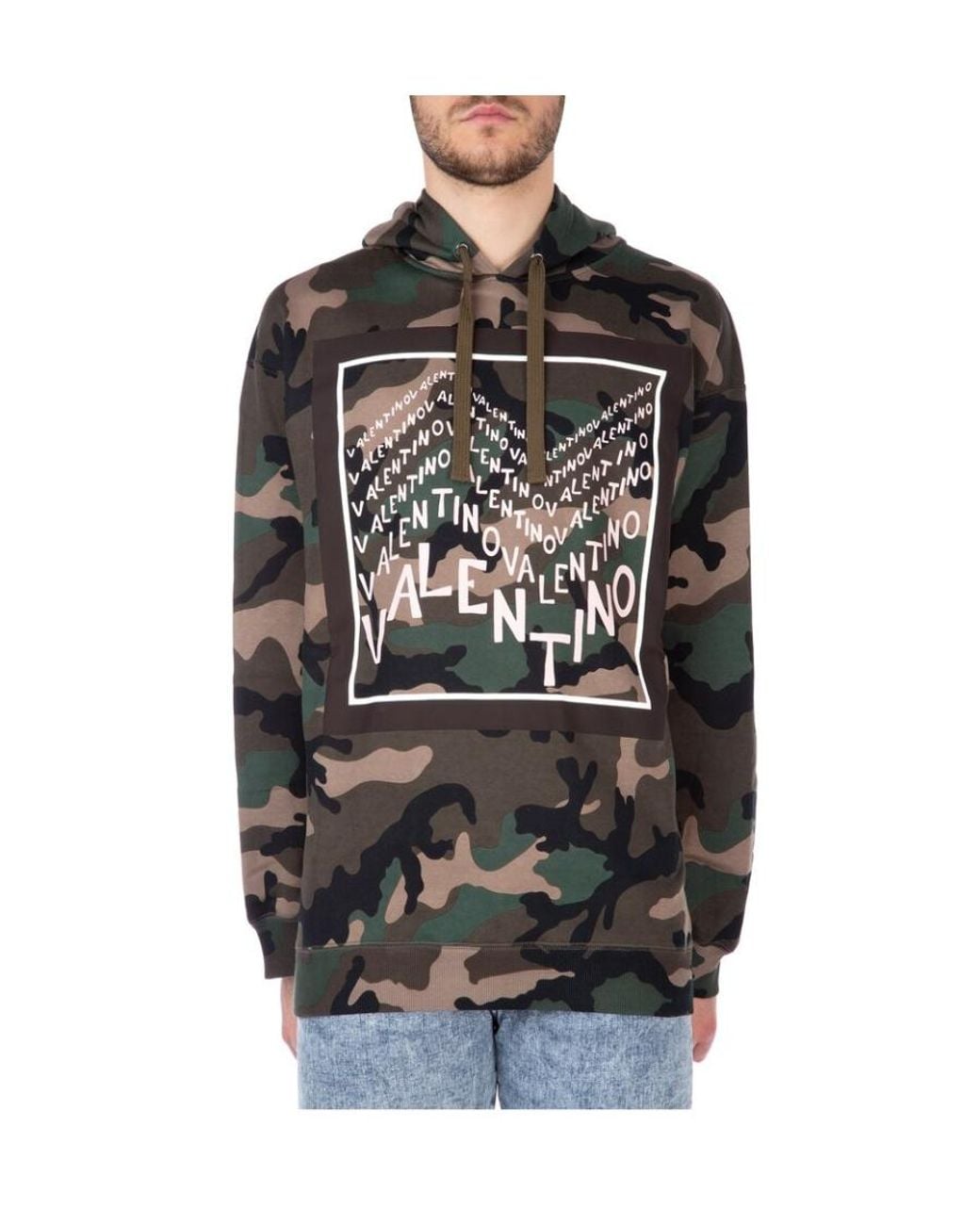 Valentino Gray Logo Print Camouflage Cotton Blend Hoodie for men