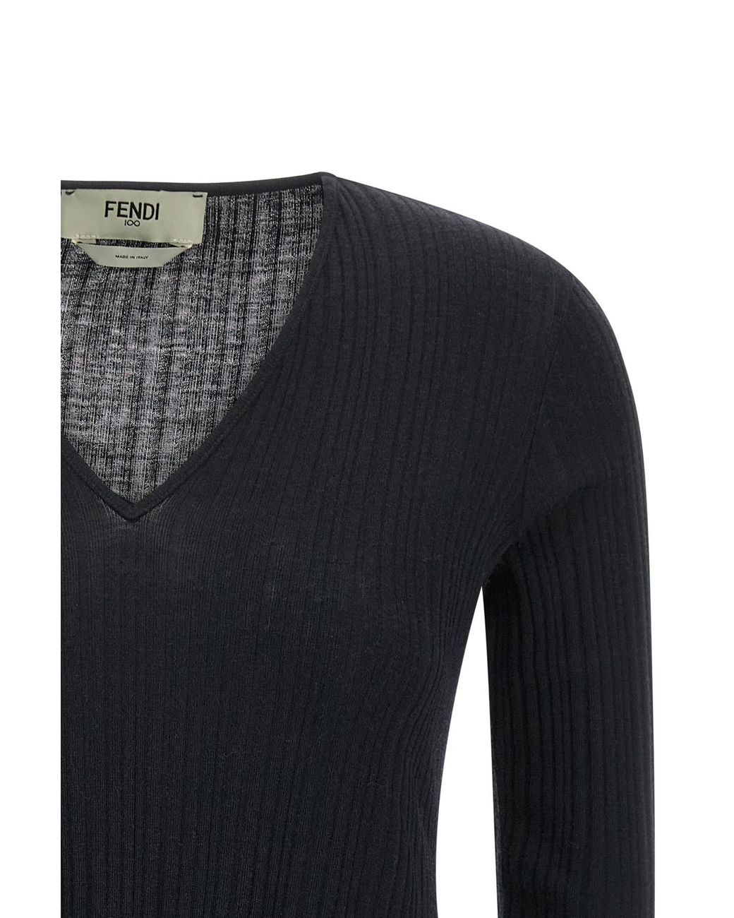 Fendi Black V-Neck Ruffled-Hem Ribbed Top