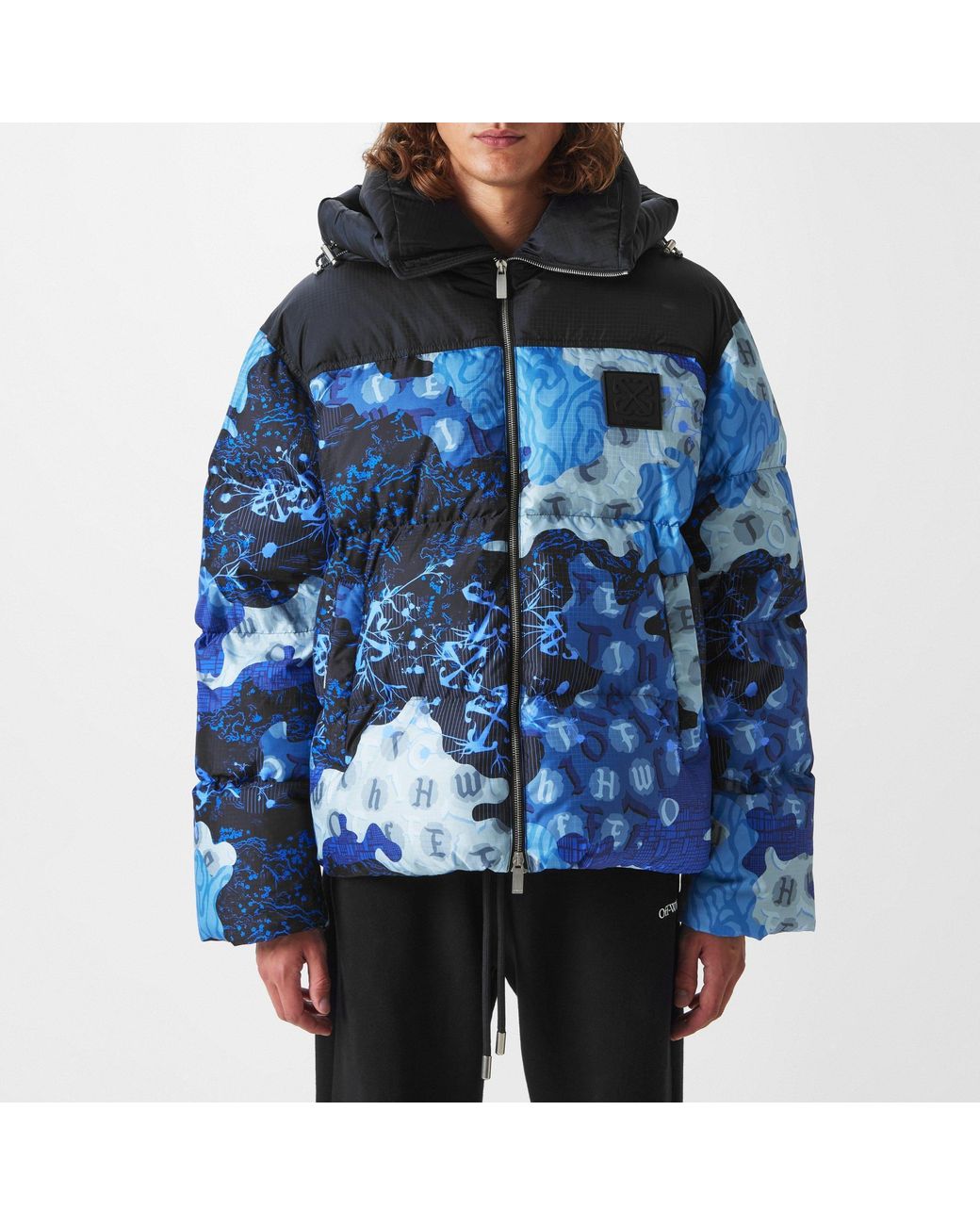 Off-White c/o Virgil Abloh Blue Tone Graffiti Print Cropped Hooded Down Jacket for men