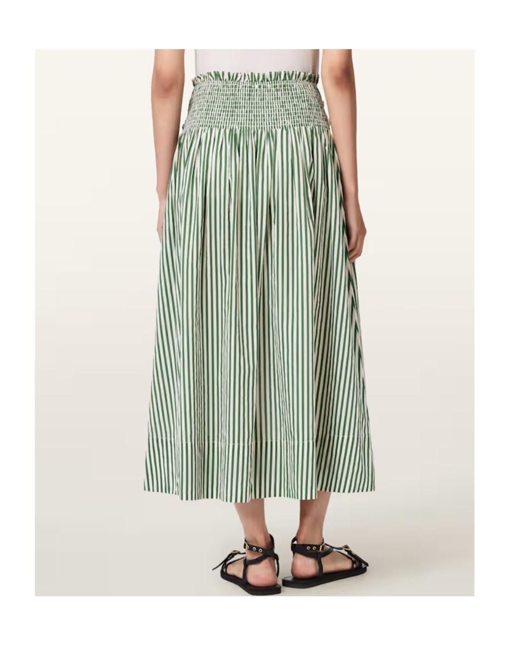 AllSaints Green Kali Smocked Stripe Skirt