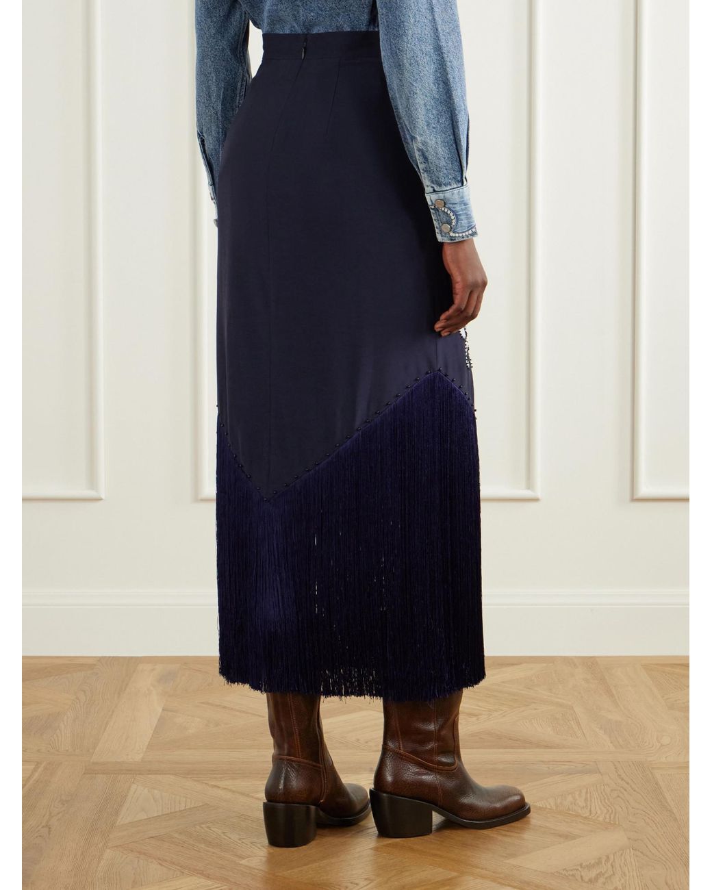 ALÉMAIS Blue Dillon Crystal And Bead-Embellished Fringed Appliquéd Satin Midi Skirt