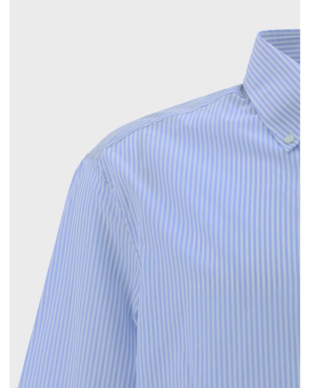 Brunello Cucinelli Blue Pinstriped Long-Sleeved Shirt for men