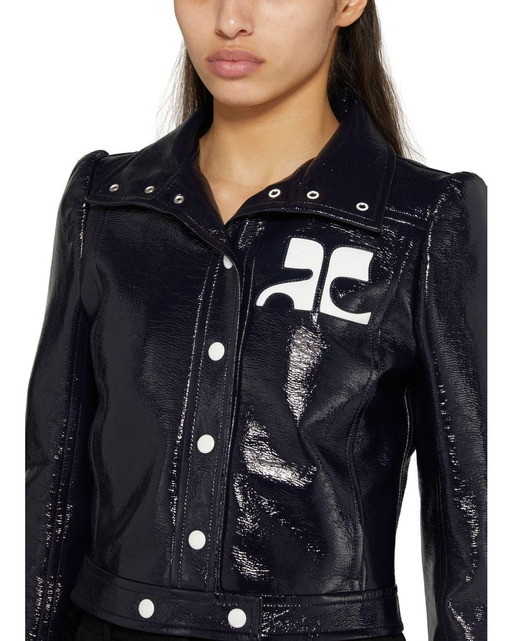 Courreges Blue Long-Sleeve Logo Leather Jacket
