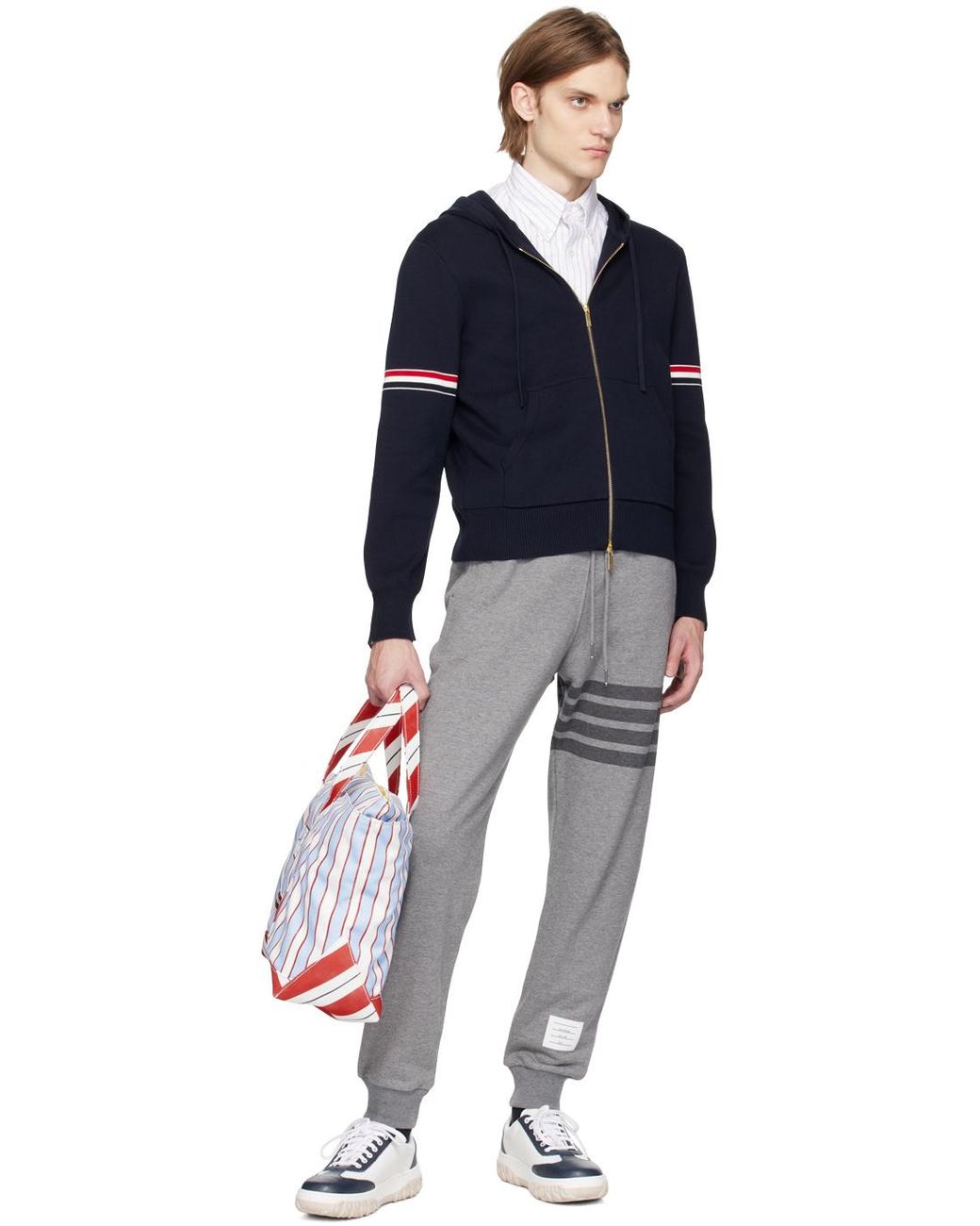 Thom Browne White Striped Medium Tool Tote Bag for men