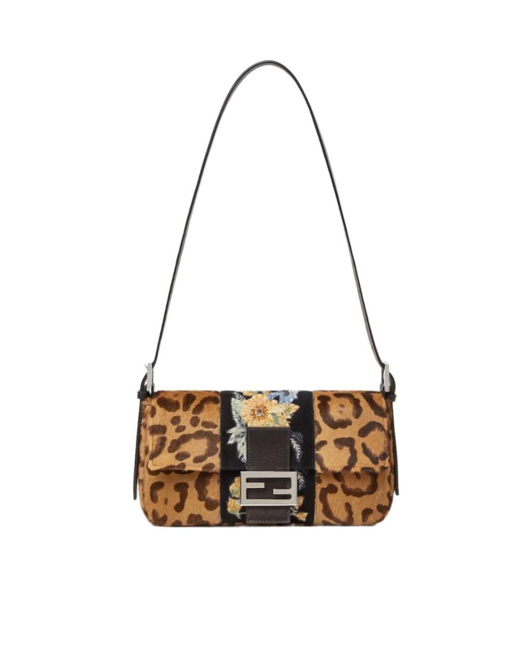 Fendi Brown Baguette 26424 Embroidered Jaguar Print Pony-Effect Leather Bag