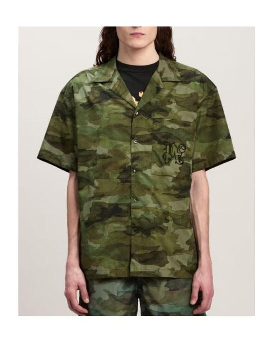 Palm Angels Green Camouflage Printed Short Sleeved Shirt for men
