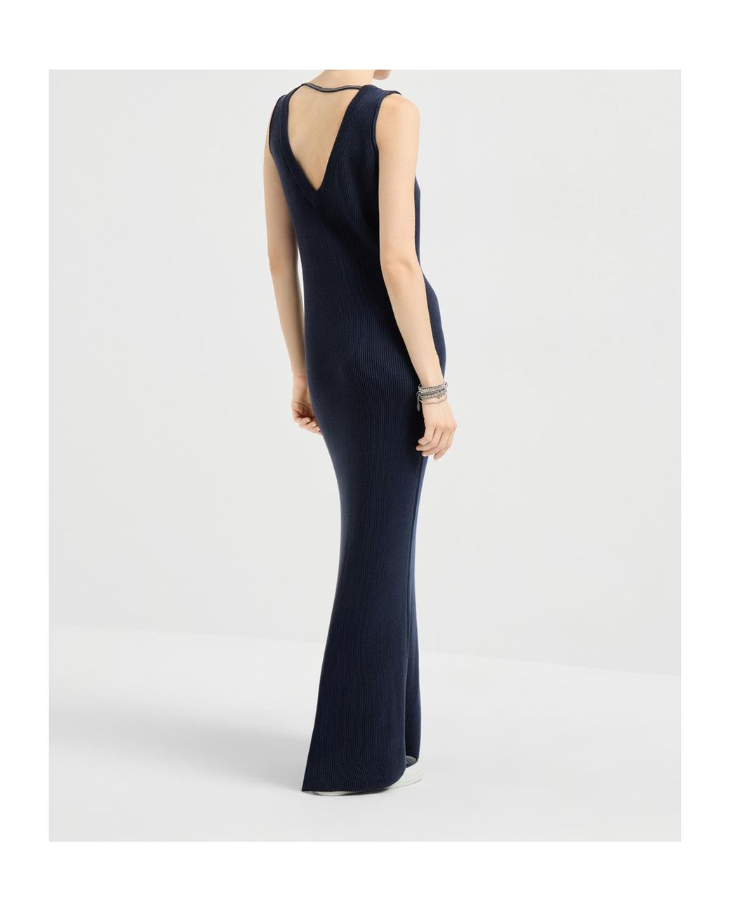 Brunello Cucinelli Blue Cotton Rib Knit Dress With Precious Strap