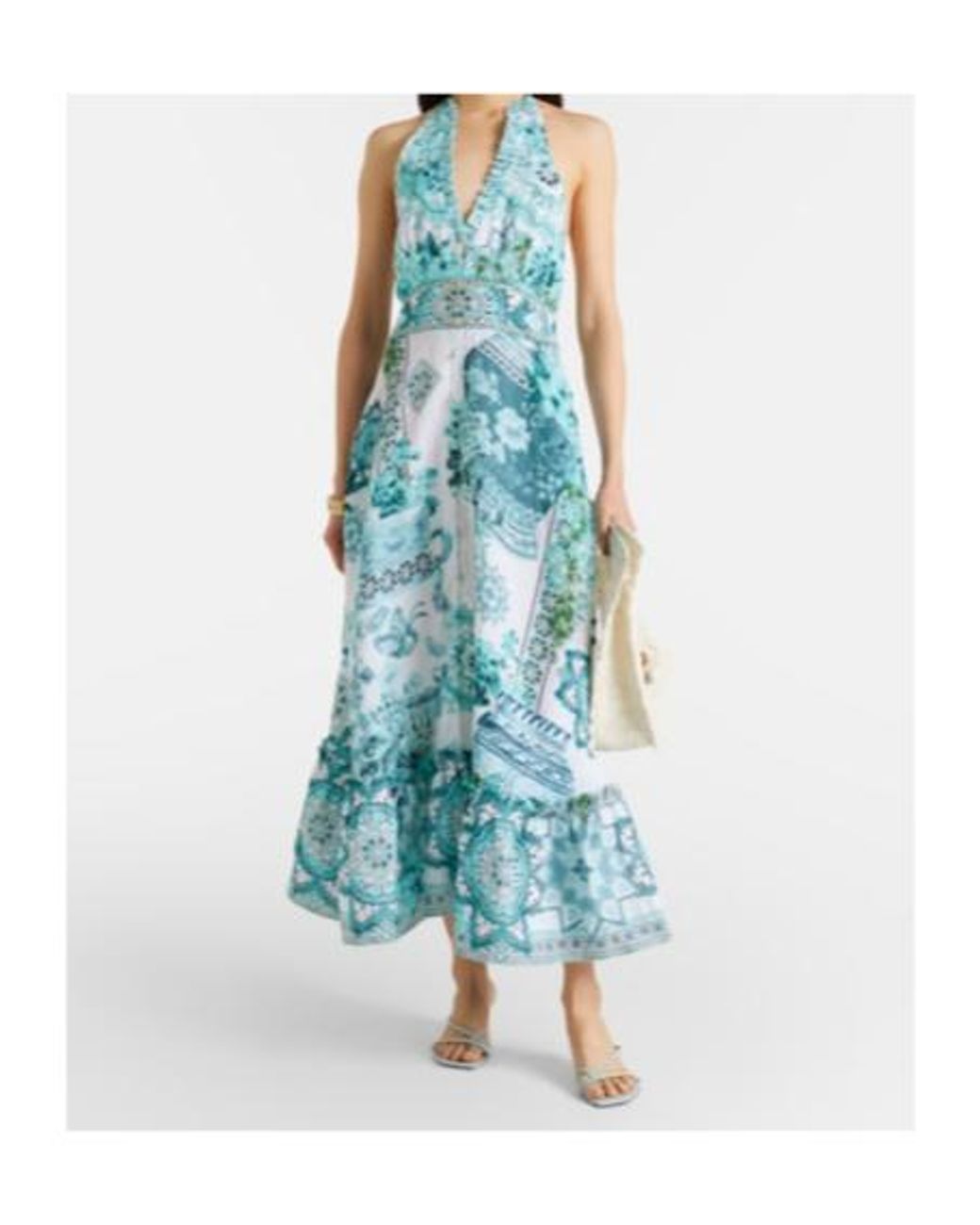 Camilla Blue Embellished Ruffled Halterneck Linen Midi Dress